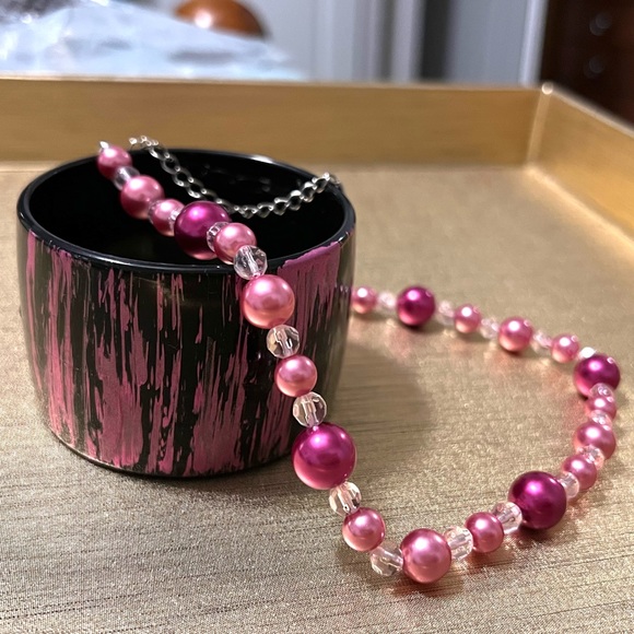 1980s Vintage MONET Pink Graduated Pearl Necklace & Pink/ Black CUFF Bracelet
